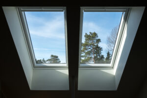 Two skylights in an attic / loft with trees and blue sky outside.